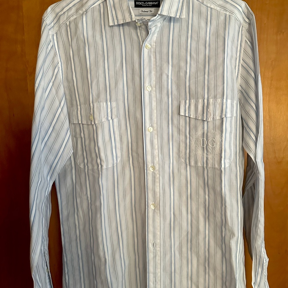 Dolce & Gabbana Men’s Striped Button Down Long Sleeve Shirt w/pocket embroidery